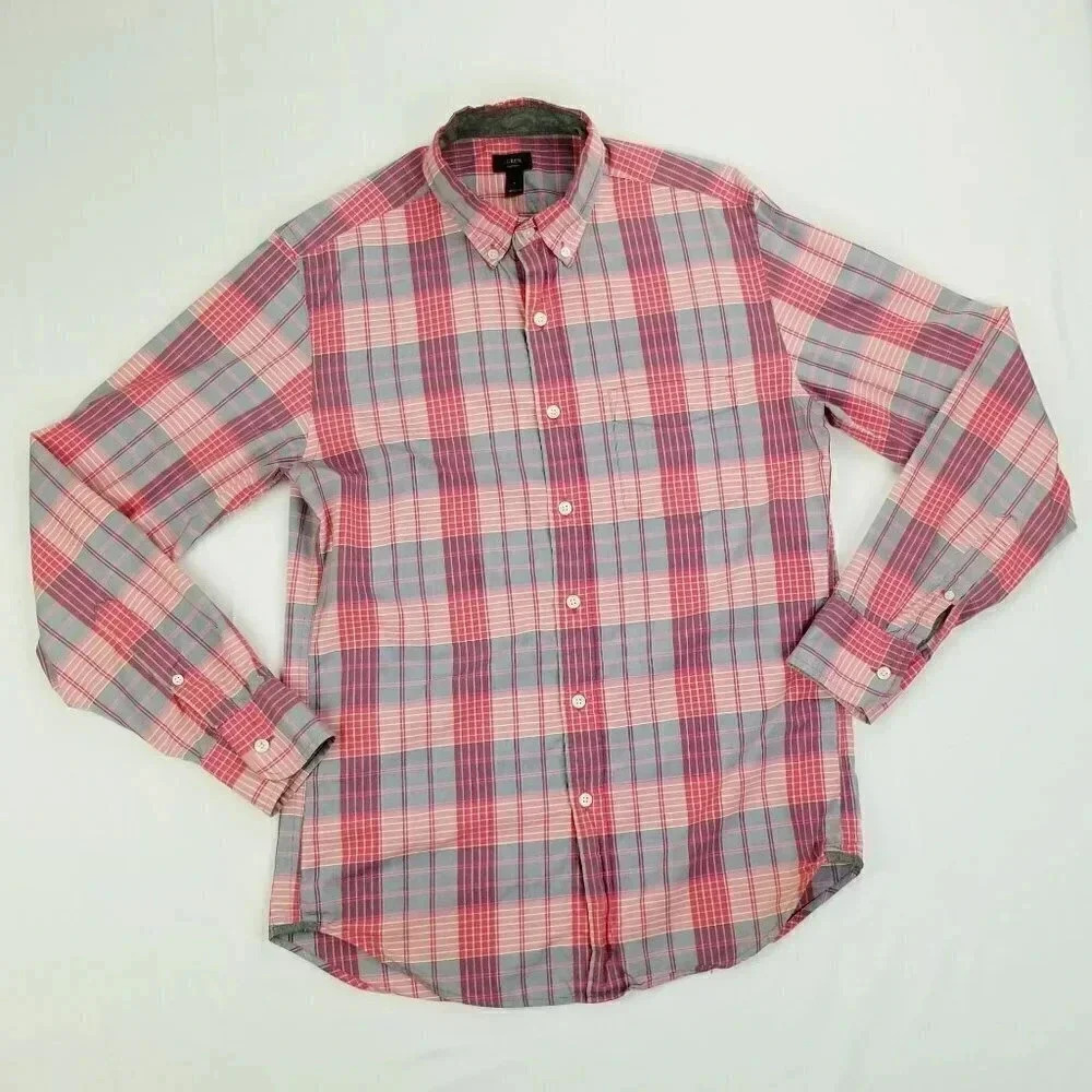 J Crew Tartan Small Red Pink Gray Plaid Button Down Long Sleeve Cotton Shirt Men